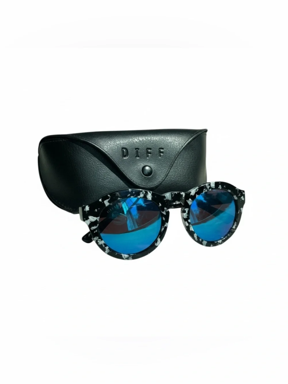 Diff Eyewear Dime II Black White Round Horn Sunglasses Mirrored Blue Brown Lens